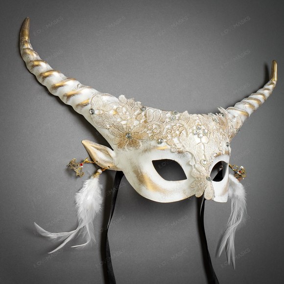 Krampus Horn Lace Animal Devil Women Mask - White Gold - Picture 3 of 5